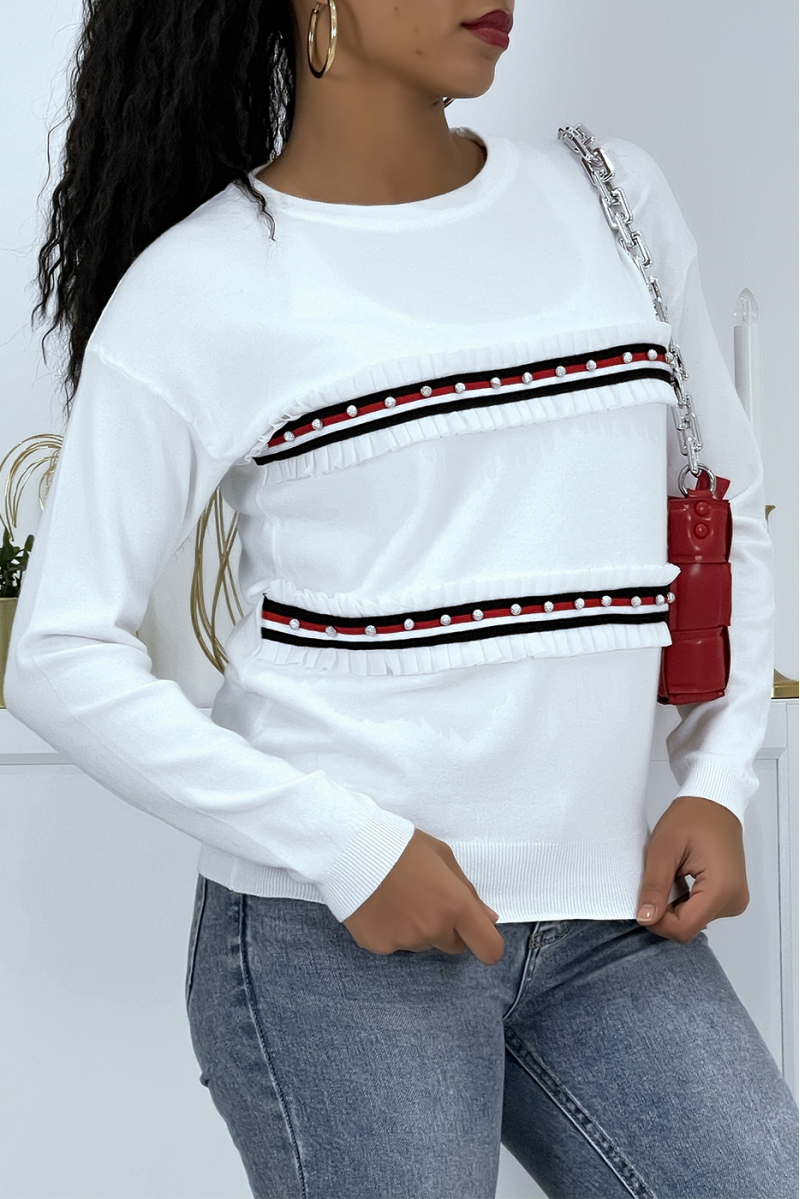 Classic white sweater with round neck and pearl bands and ruffles - 3