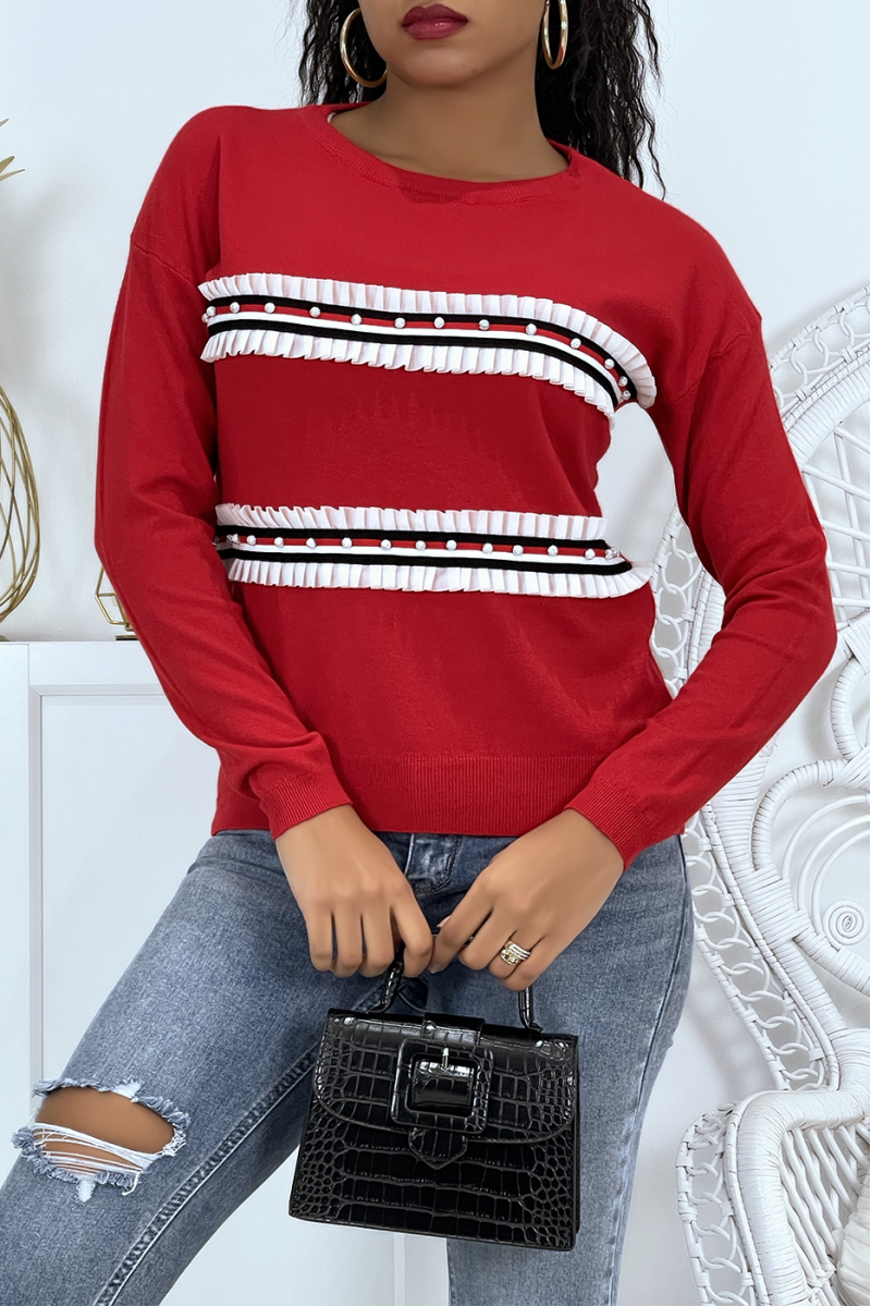 Classic red sweater with round neck and beaded bands and ruffles - 1