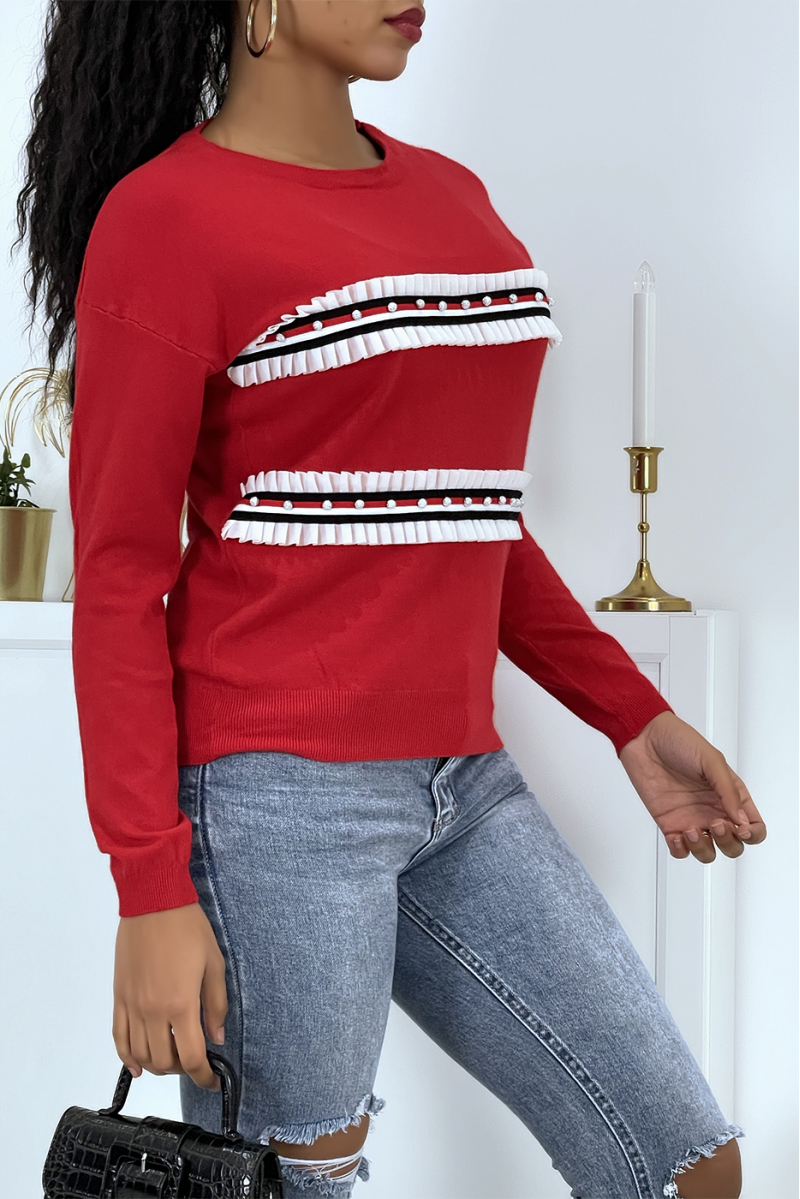 Classic red sweater with round neck and beaded bands and ruffles - 2