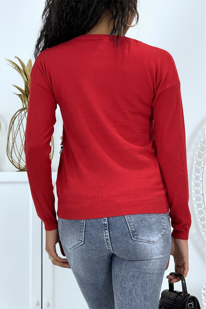 Classic red sweater with round neck and beaded bands and ruffles - 3