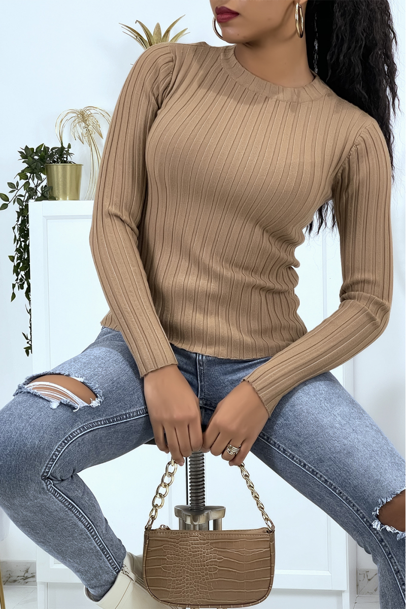 Taupe ribbed sweater with very tight high collar - 1