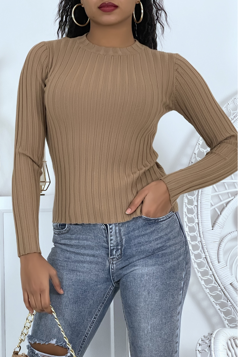 Taupe ribbed sweater with very tight high collar - 2