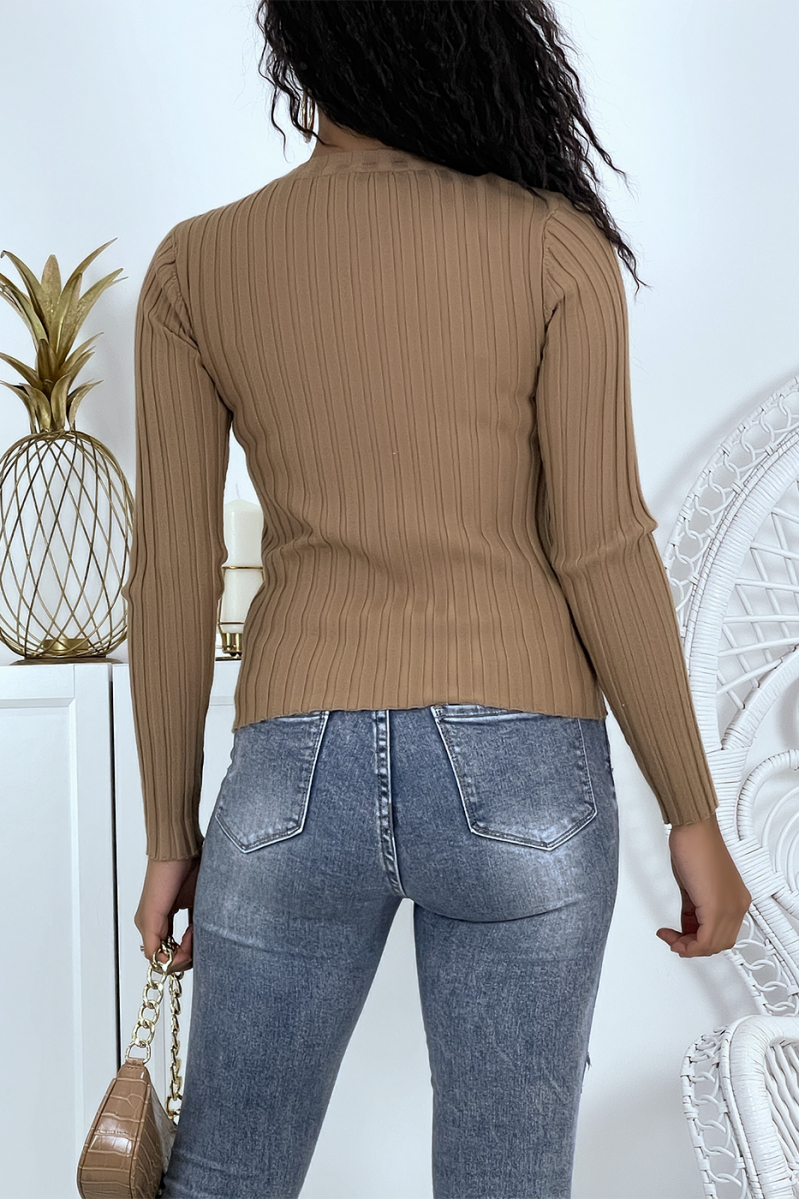 Taupe ribbed sweater with very tight high collar - 3