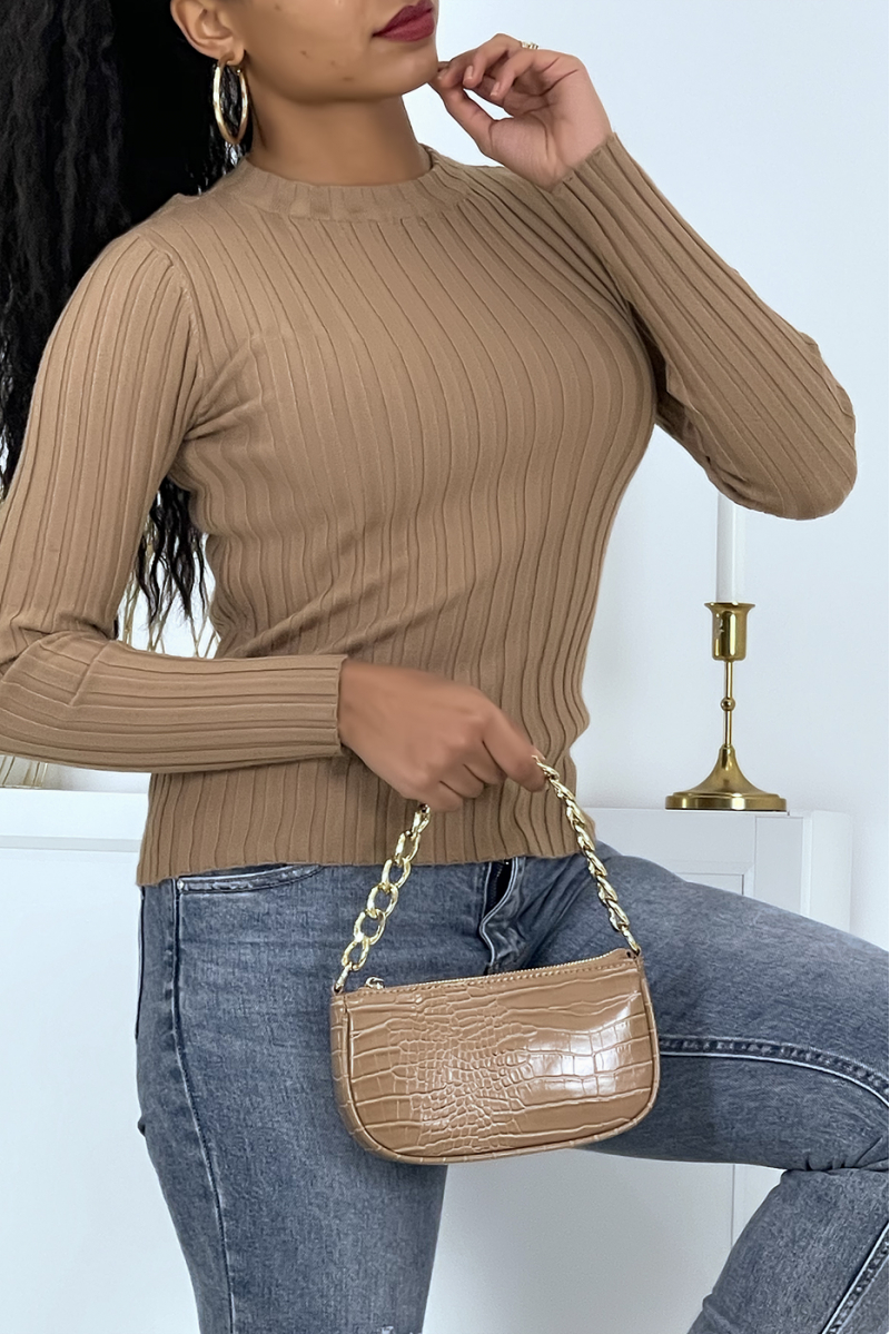 Taupe ribbed sweater with very tight high collar - 4