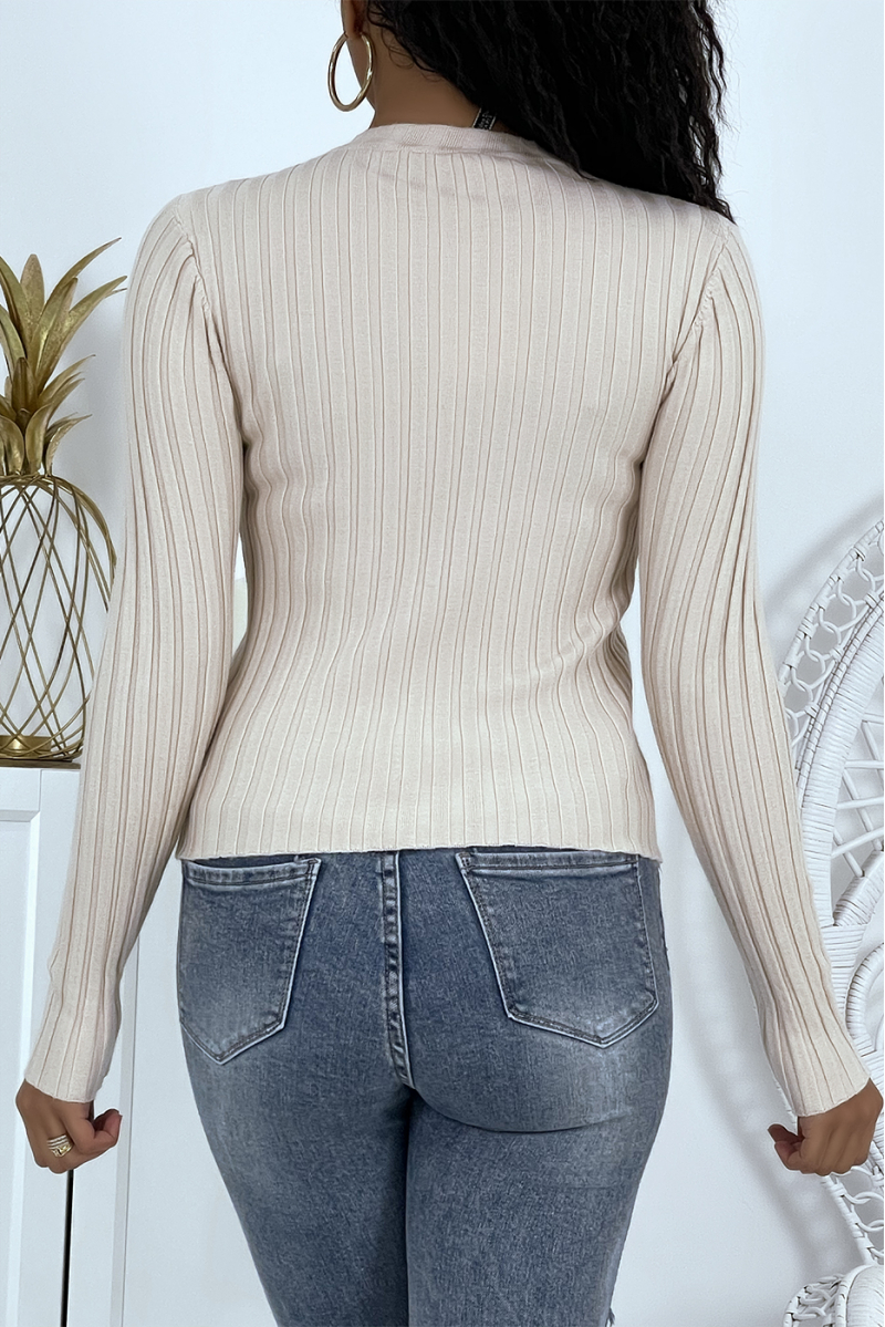 Beige ribbed sweater with very tight high neck - 3