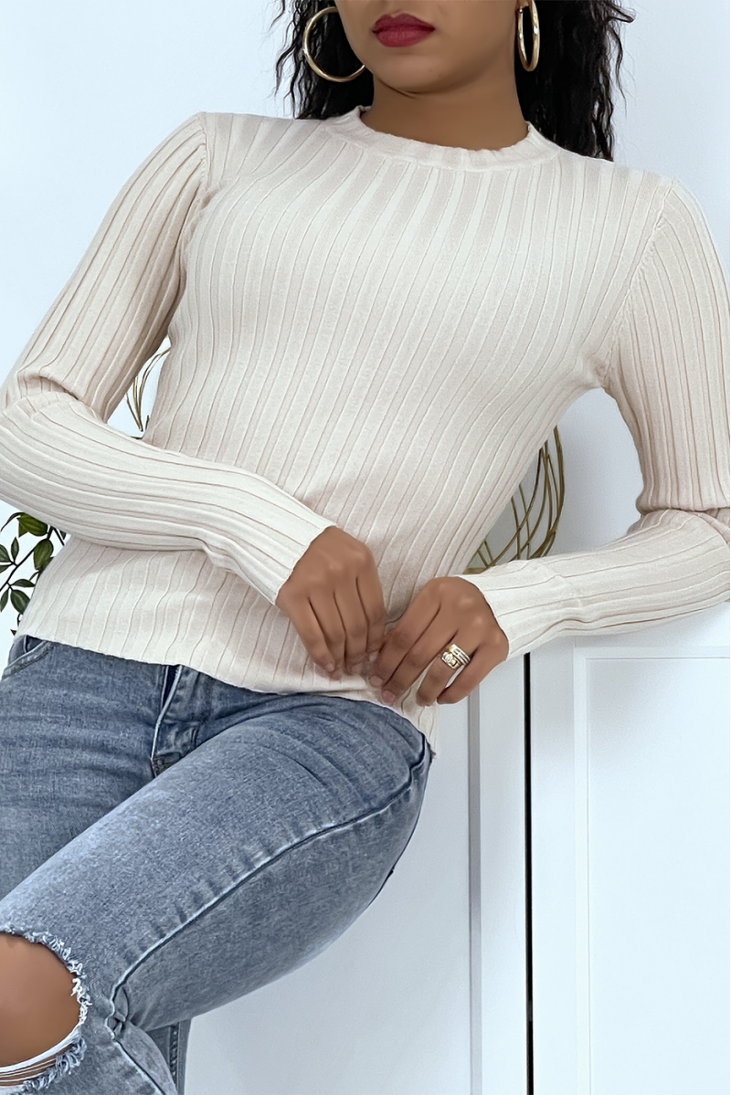 Beige ribbed sweater with very tight high neck - 4