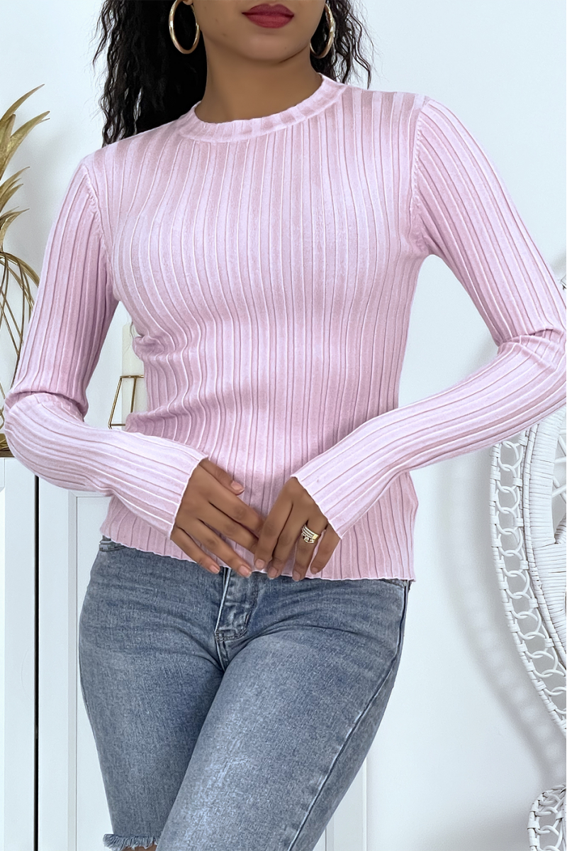 Lilac ribbed sweater with very tight high neck - 1