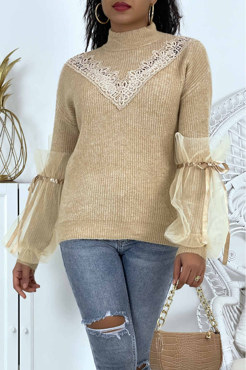 Taupe high-neck sweater with puffed tulle sleeves - 1