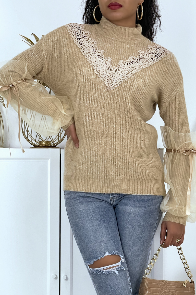 Pull col montant taupe à manches bouffantes en tulle - 2