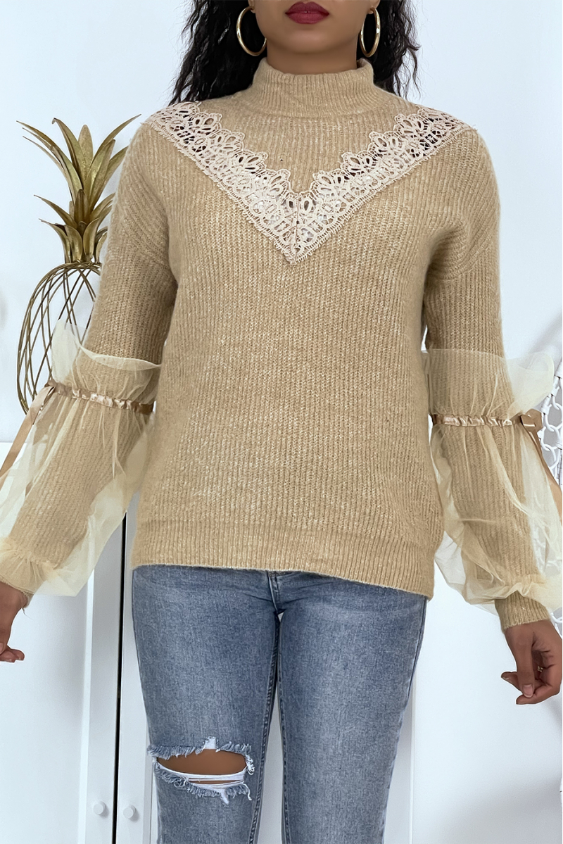 Pull col montant taupe à manches bouffantes en tulle - 3