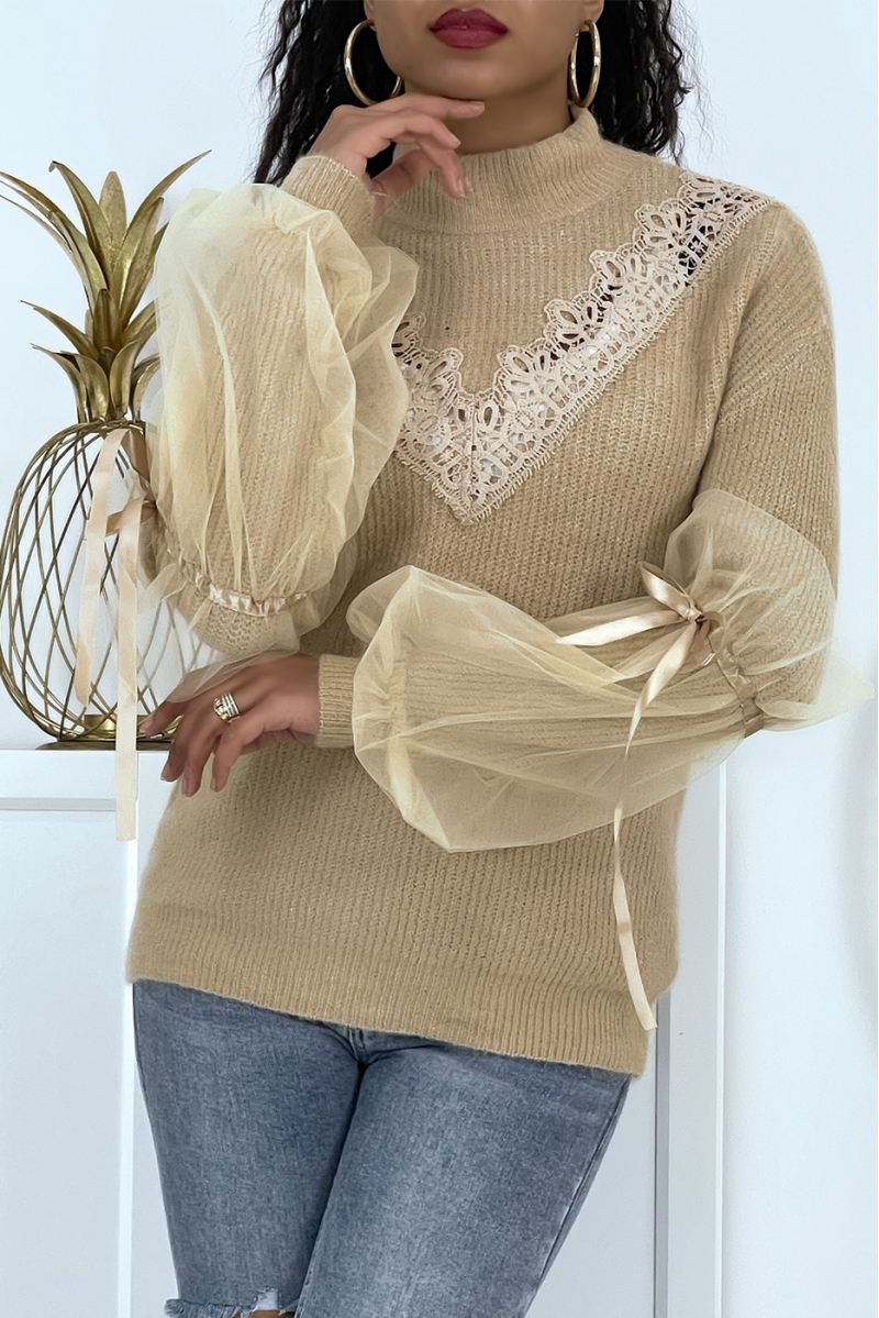 Taupe high-neck sweater with puffed tulle sleeves - 4
