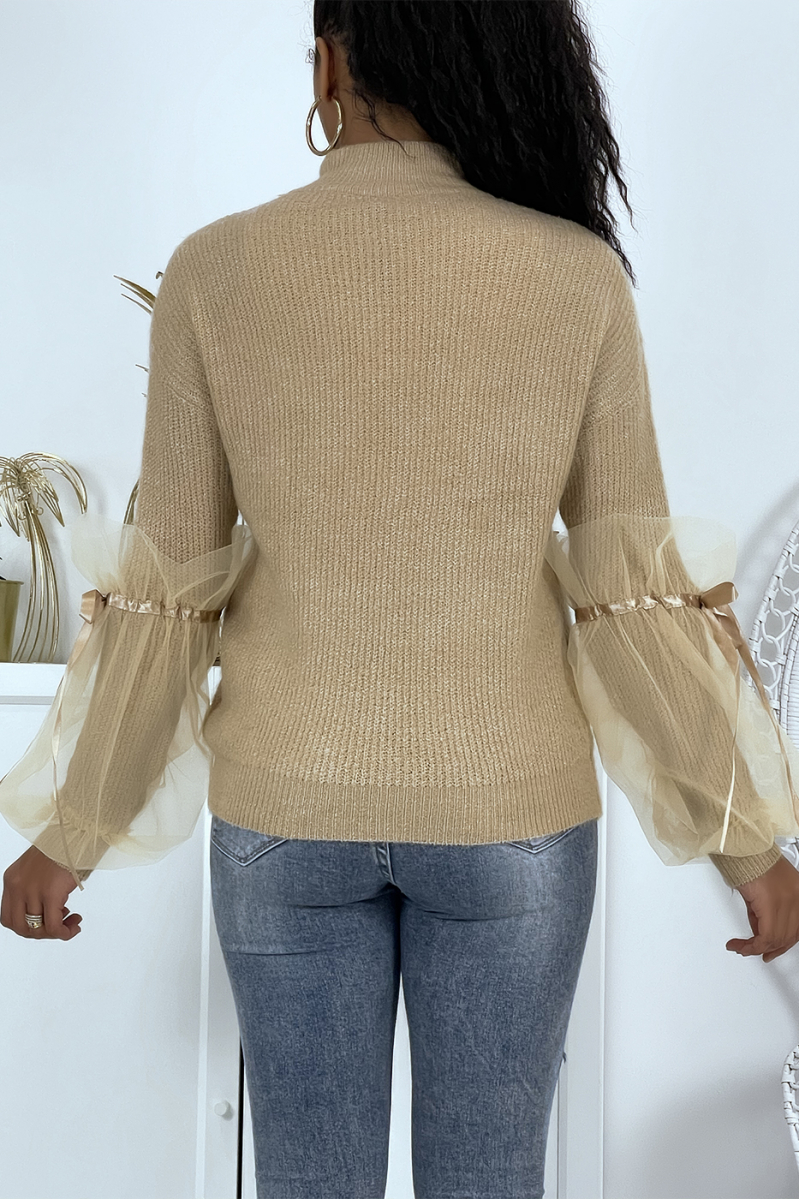 Taupe high-neck sweater with puffed tulle sleeves - 5
