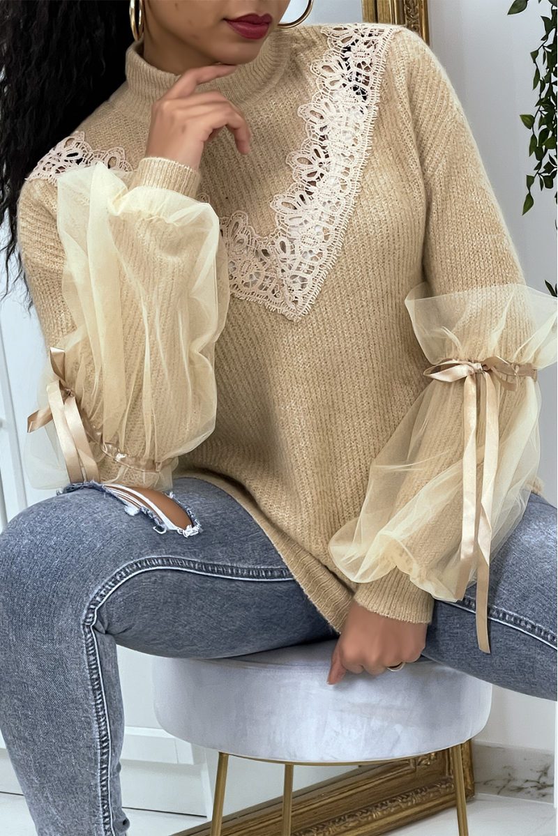 Taupe high-neck sweater with puffed tulle sleeves - 6
