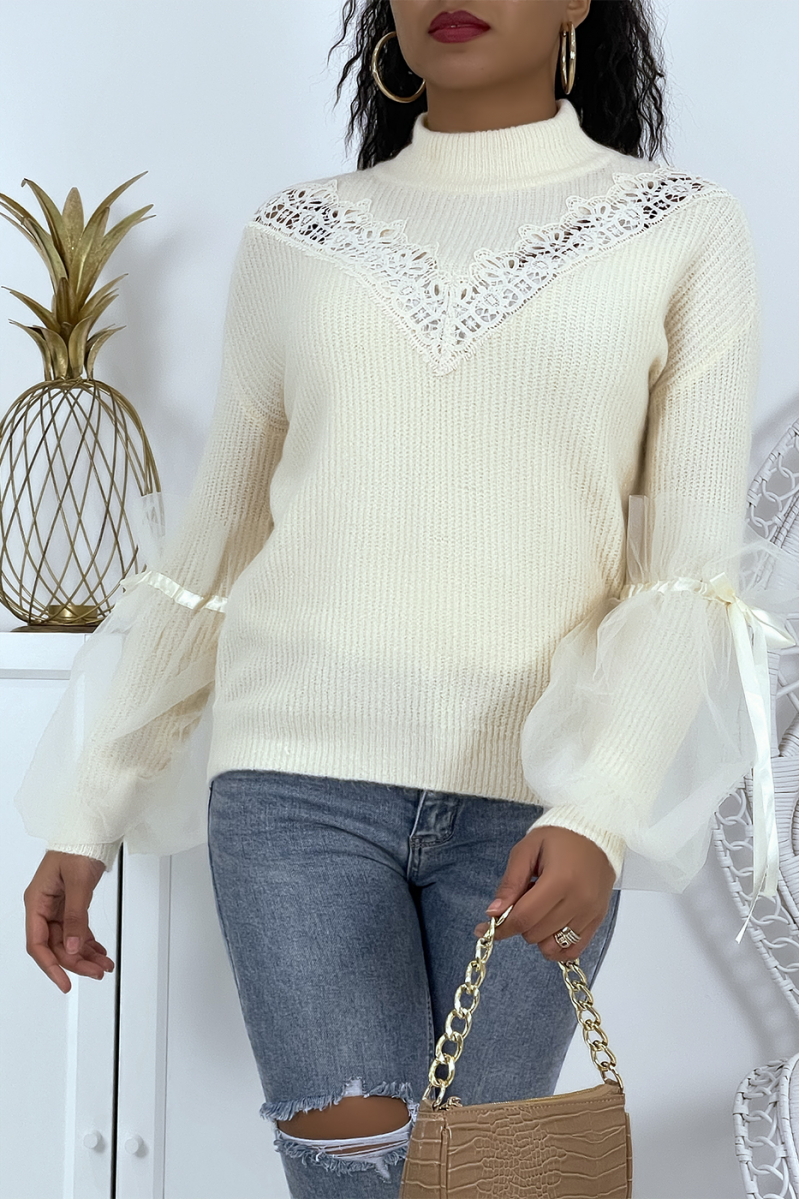 Beige high-neck sweater with puffed tulle sleeves - 1