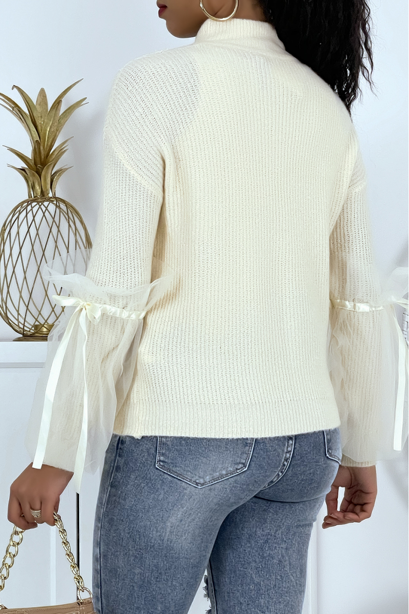 Beige high-neck sweater with puffed tulle sleeves - 4