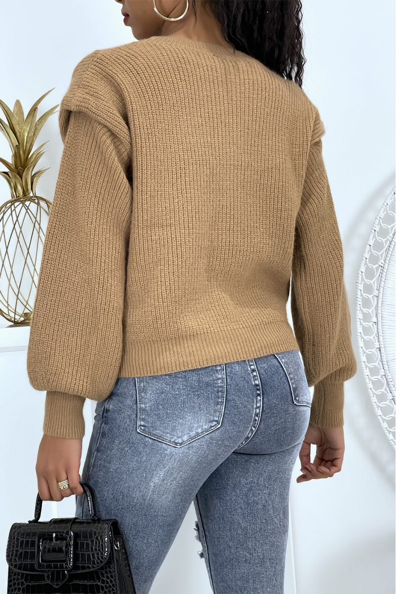 Taupe chunky knit sweater with epaulettes and puffed sleeves - 1