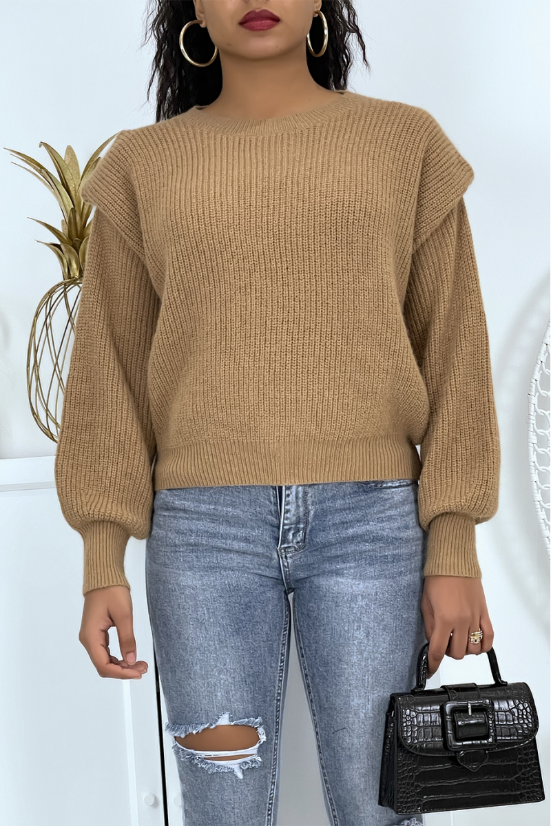 Taupe chunky knit sweater with epaulettes and puffed sleeves - 2