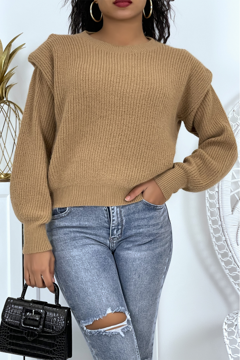 Taupe chunky knit sweater with epaulettes and puffed sleeves - 4