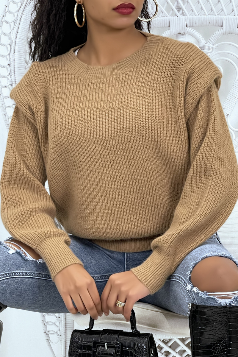 Taupe chunky knit sweater with epaulettes and puffed sleeves - 5