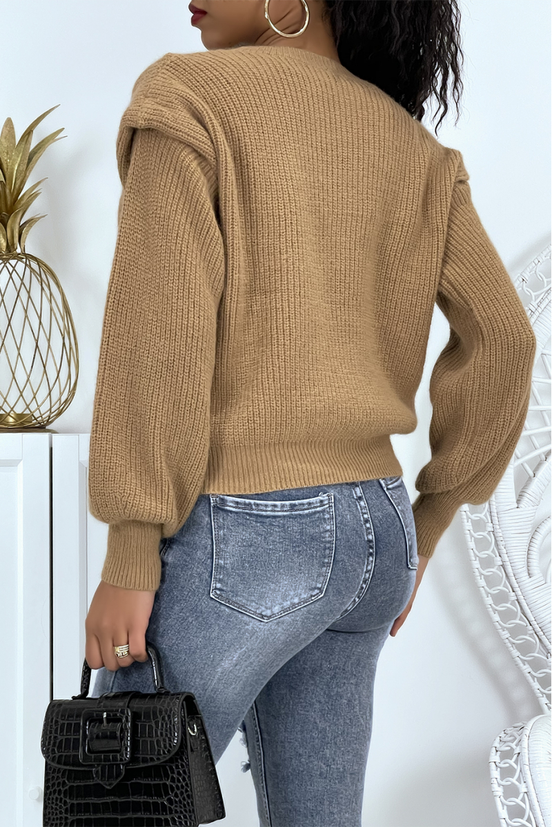Taupe chunky knit sweater with epaulettes and puffed sleeves - 6