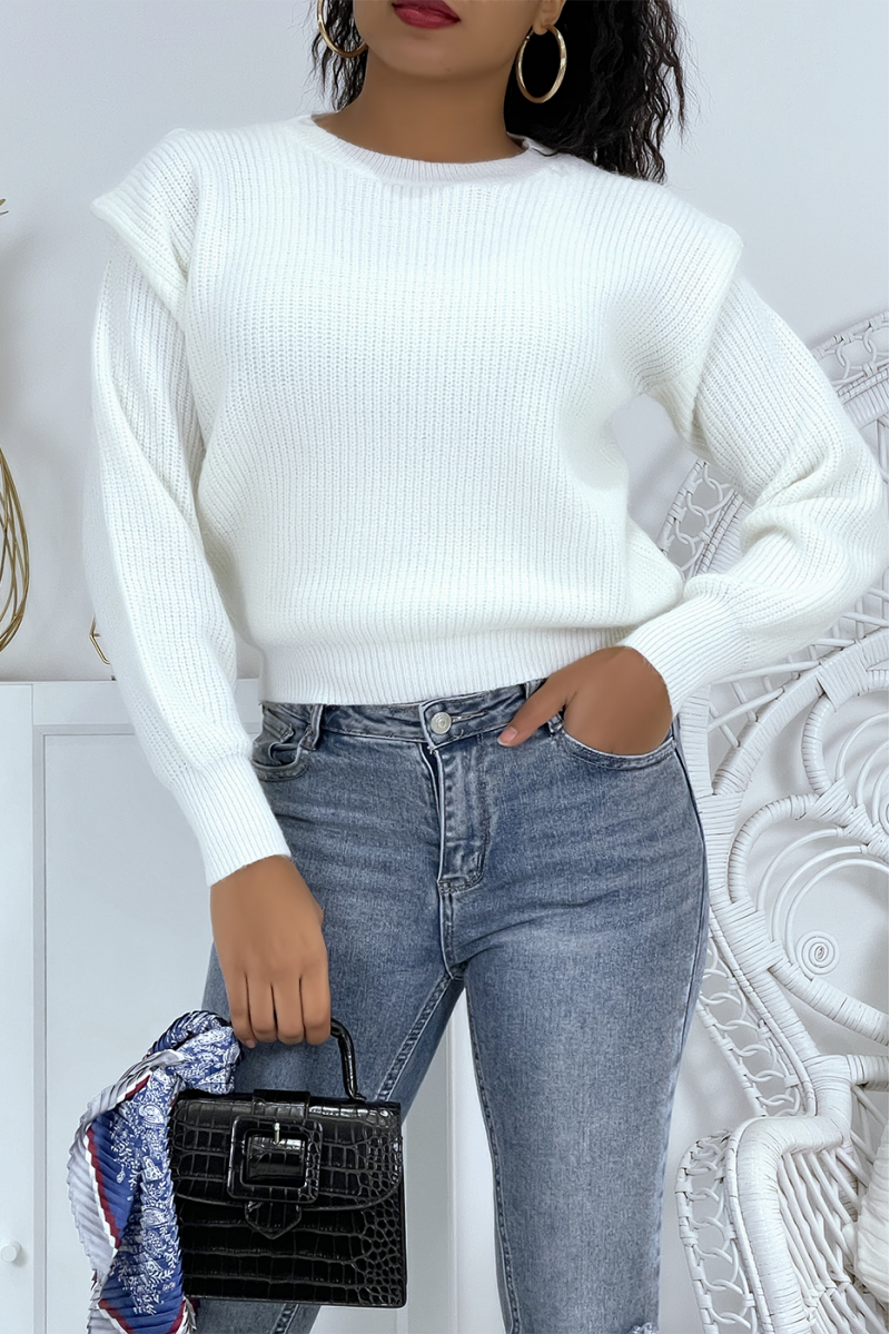 White chunky knit sweater with epaulettes and puffed sleeves - 1