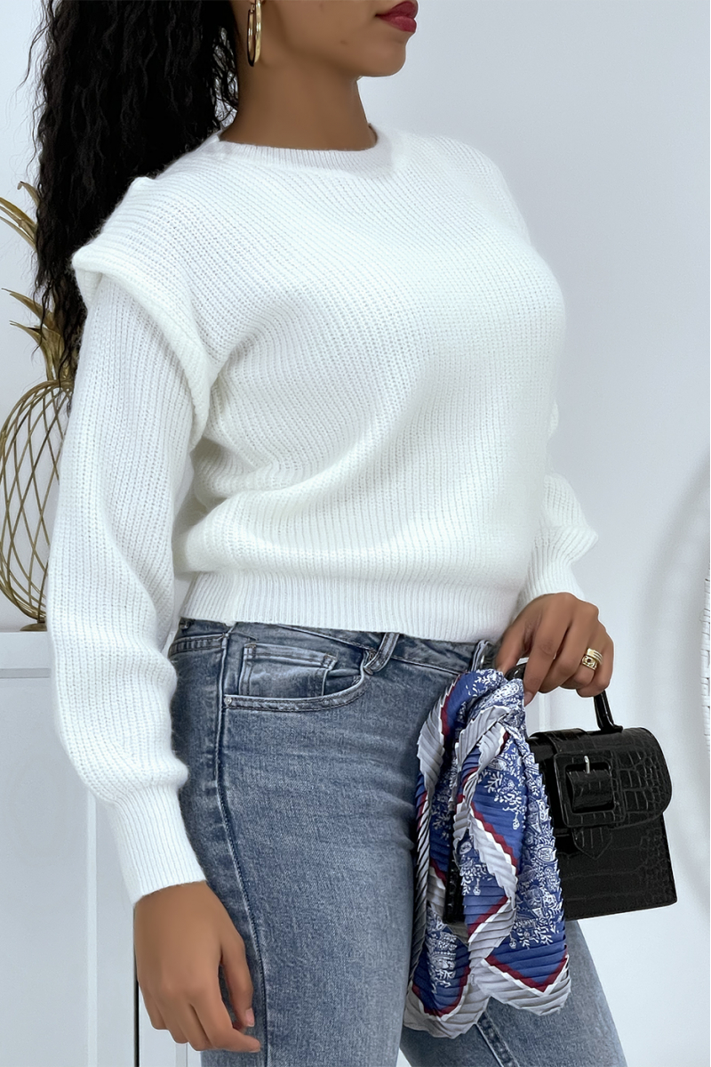 White chunky knit sweater with epaulettes and puffed sleeves - 3