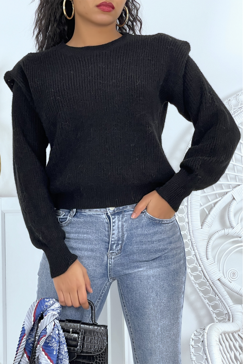 Black chunky knit sweater with epaulettes and puffed sleeves - 1
