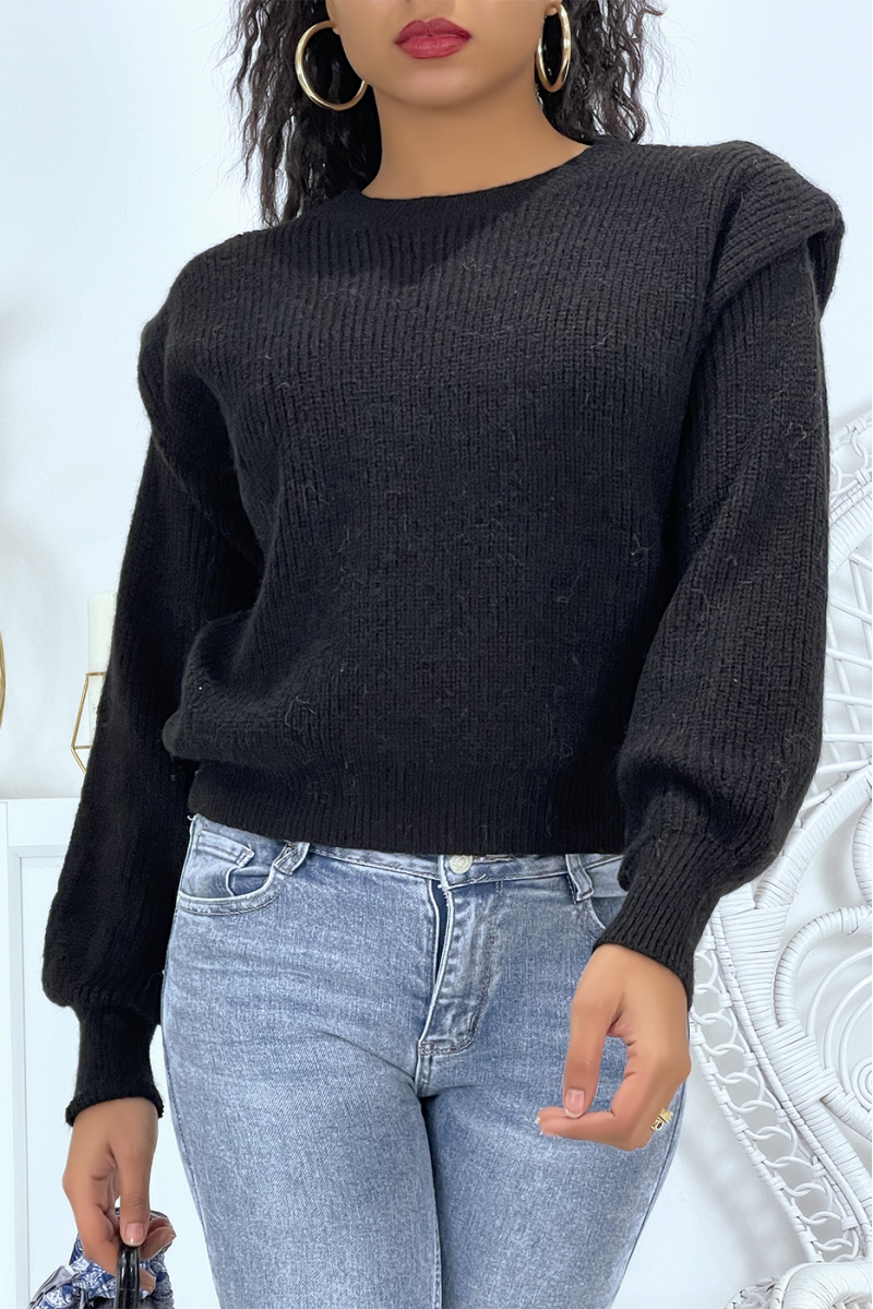 Black chunky knit sweater with epaulettes and puffed sleeves - 2