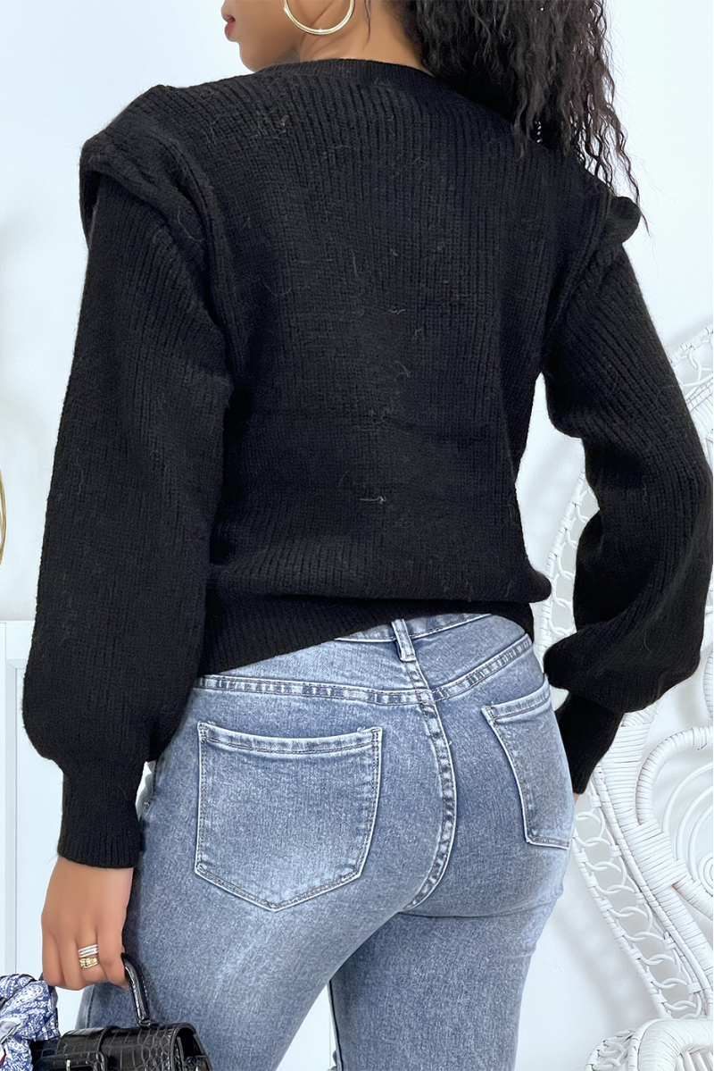 Black chunky knit sweater with epaulettes and puffed sleeves - 4
