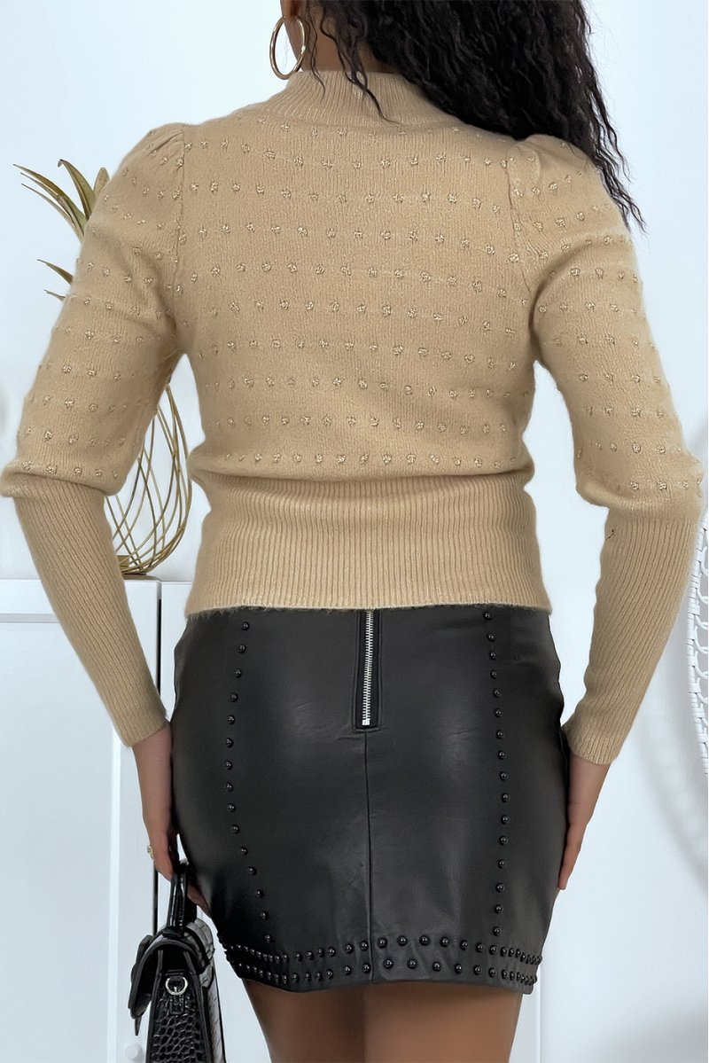 Beige plumetis sweater with high neck and balloon sleeves - 4