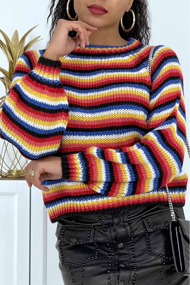 Puffy effect sweater with wide collar and multicolored stripes