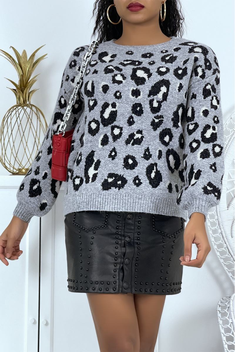 Pull épais gris à col rond et imprimé léopard - 2