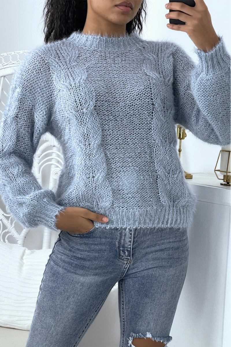 Sky blue thick sweater in woven and sequined knit - 1