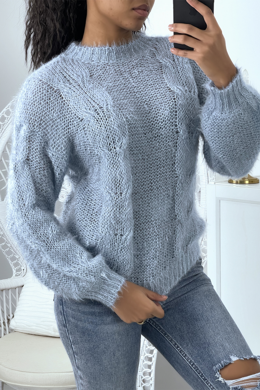 Sky blue thick sweater in woven and sequined knit - 3
