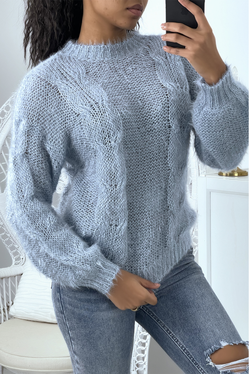 Sky blue thick sweater in woven and sequined knit - 3
