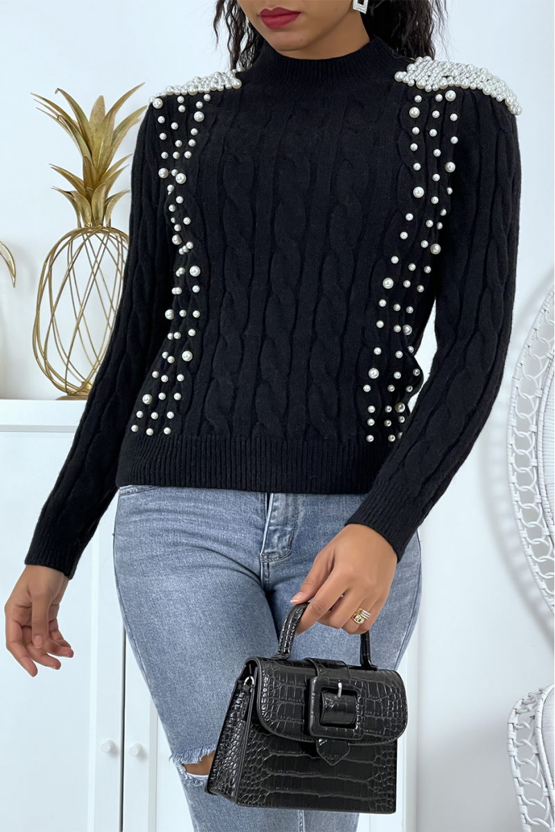 Pull noir col montant en maille tressée et épaulettes en perles - 2