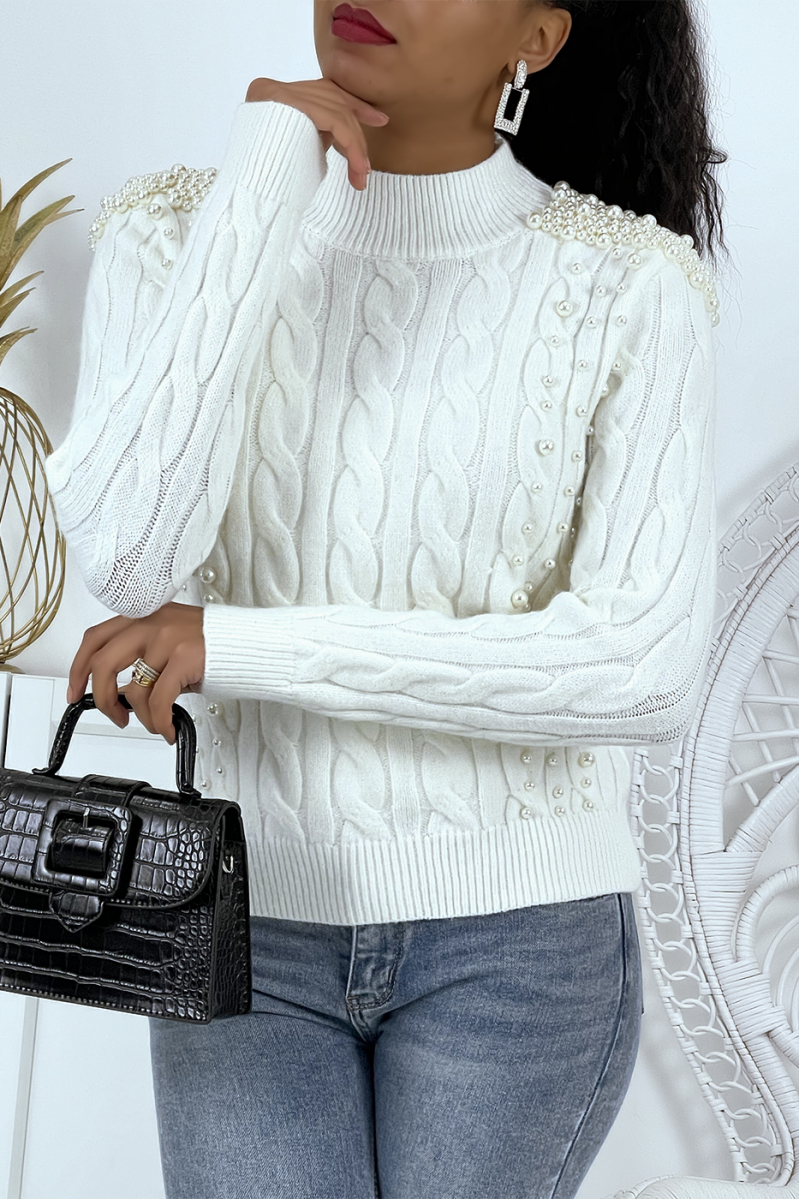 White sweater with braided knit high collar and pearl epaulettes - 1