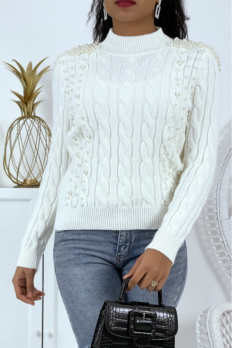 White sweater with braided knit high collar and pearl epaulettes - 2