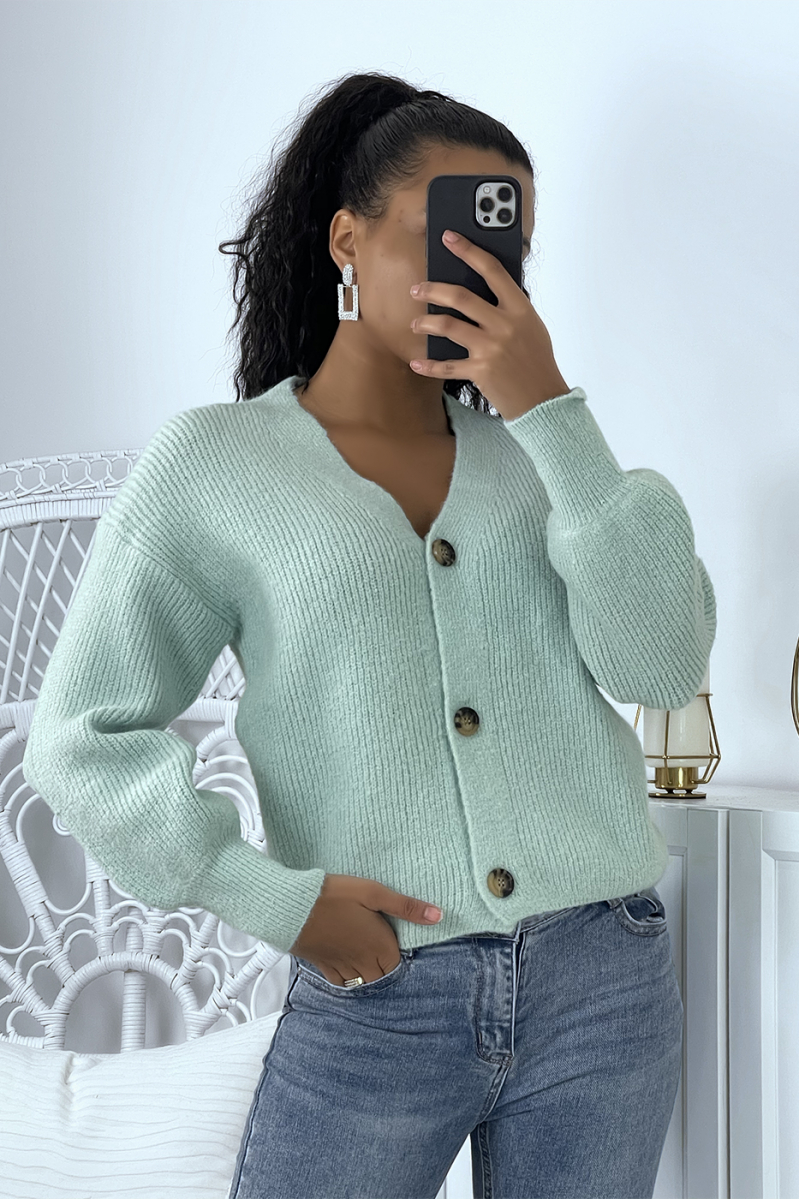 Vintage-style green ribbed cardigan with puff sleeves and V-neck - 2