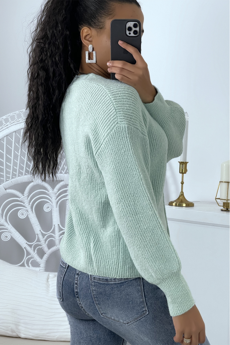 Vintage-style green ribbed cardigan with puff sleeves and V-neck - 3