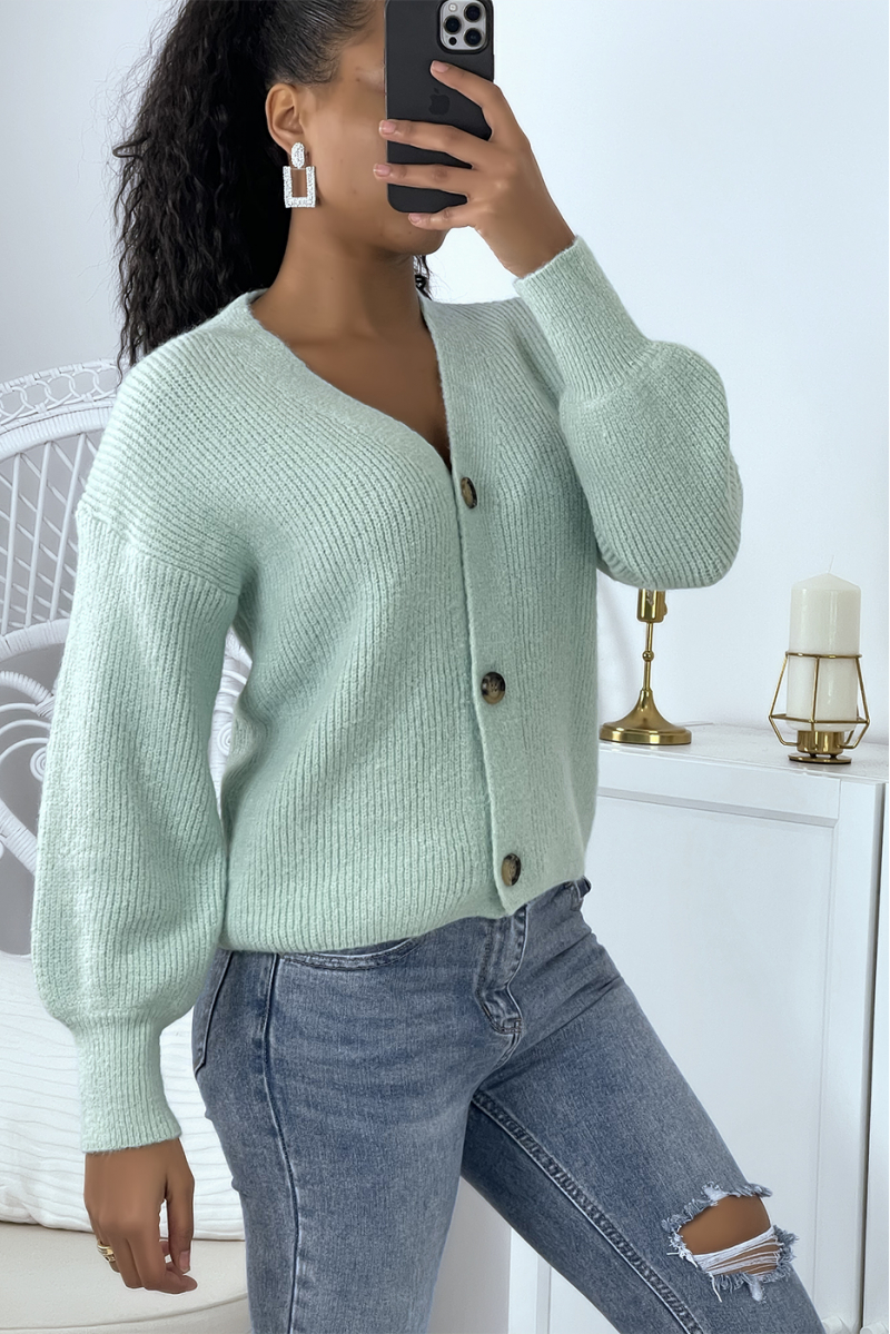 Vintage-style green ribbed cardigan with puff sleeves and V-neck - 4