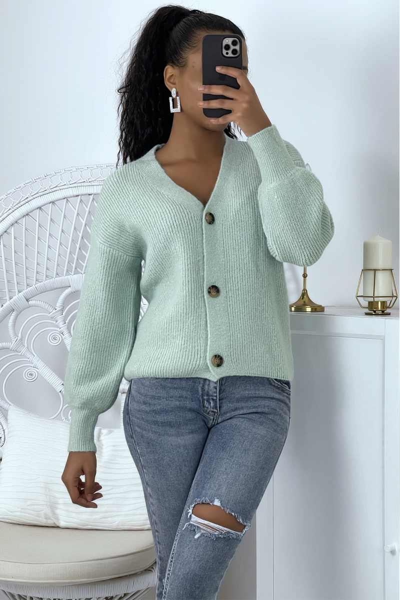 Vintage-style green ribbed cardigan with puff sleeves and V-neck - 5
