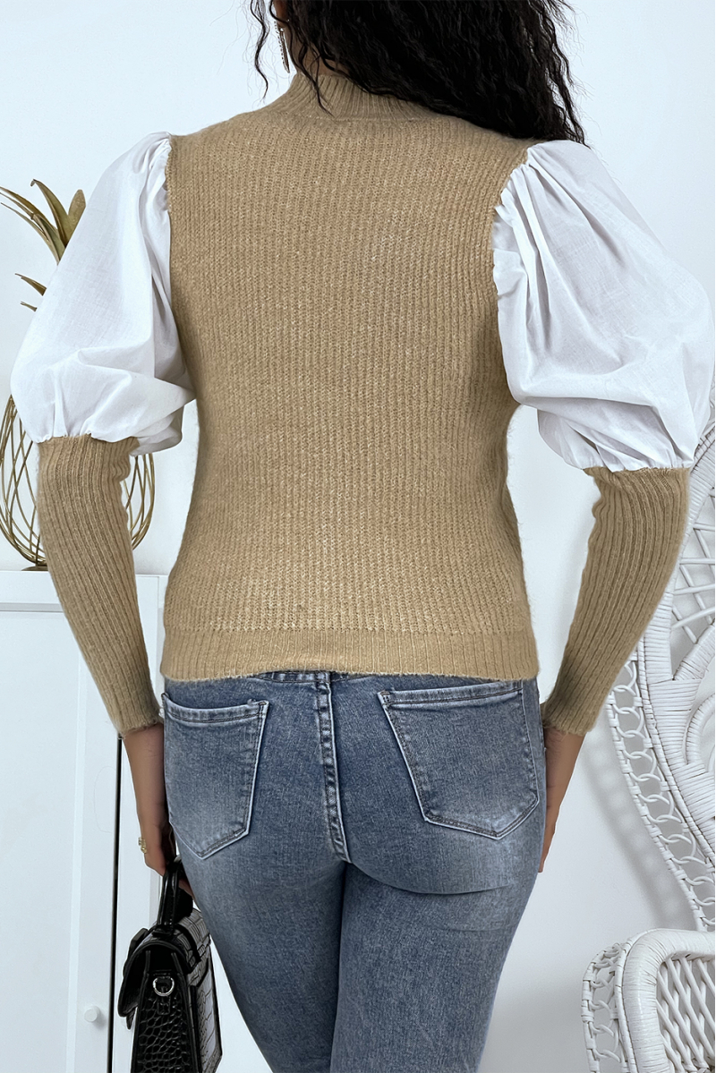 TaTSe bi-material tight-fitting sweater with puffed sleeves and high collar - 4