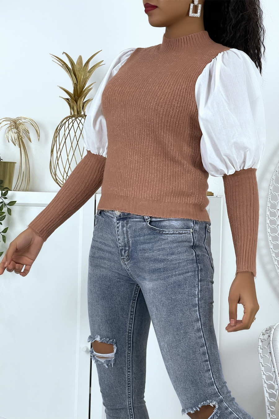 Fuchsia pink bi-material tight-fitting sweater with puffed sleeves and high collar - 2