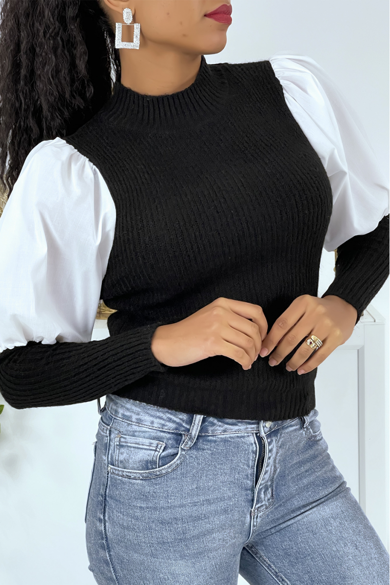 Black bi-material tight-fitting sweater with puffed sleeves and high collar - 1
