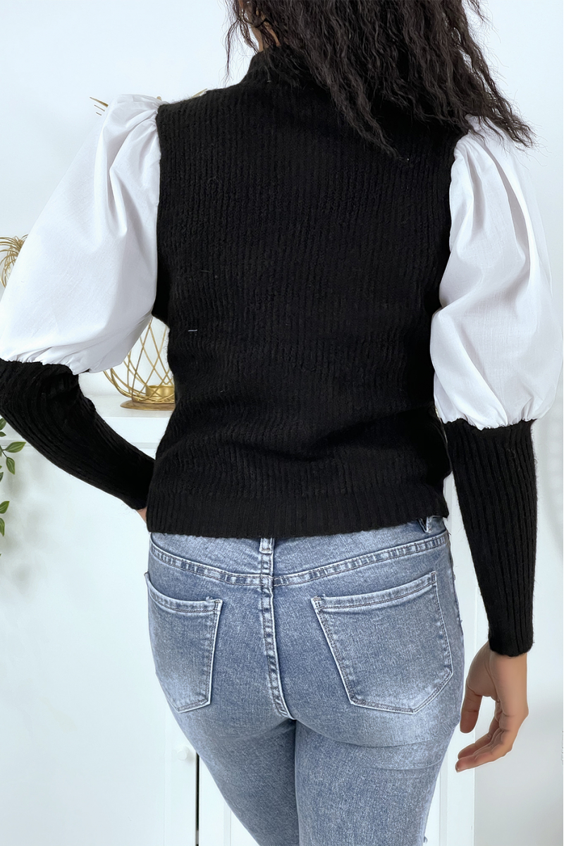 Black bi-material tight-fitting sweater with puffed sleeves and high collar - 3
