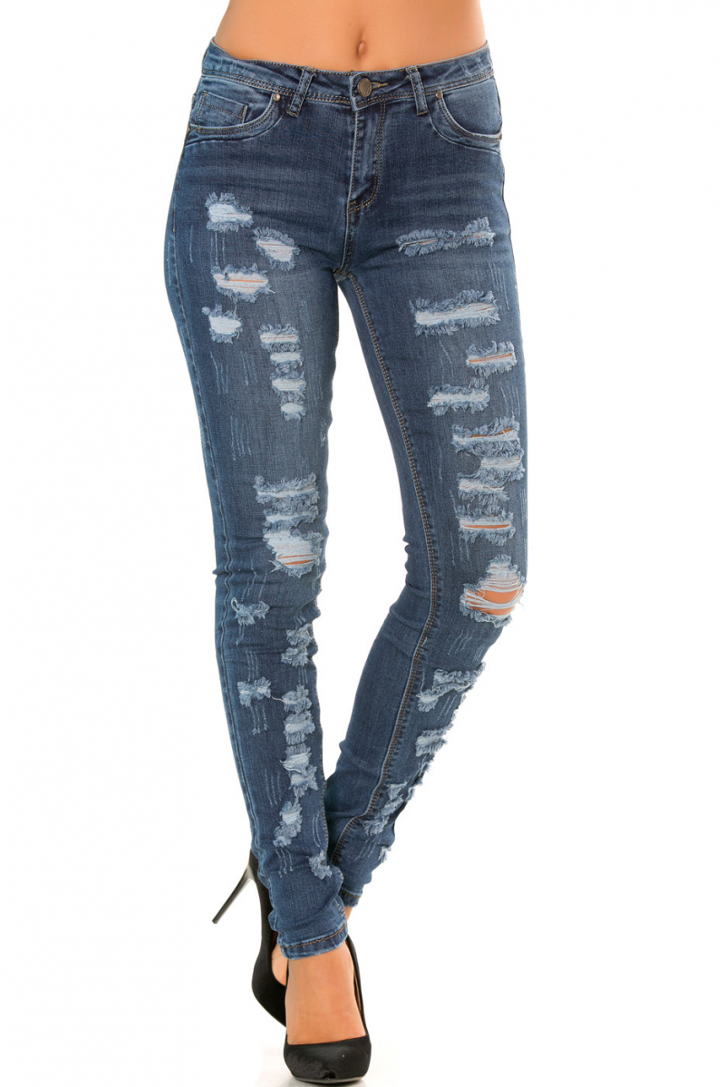 Pantalon jeans slim Bleu effet déchiré sur le devant  PTL-S2591 - 2