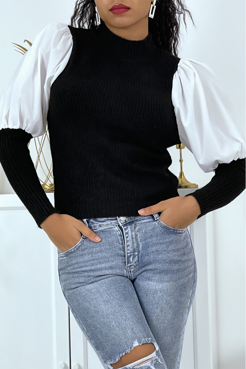 Black bi-material tight-fitting sweater with puffed sleeves and high collar - 4