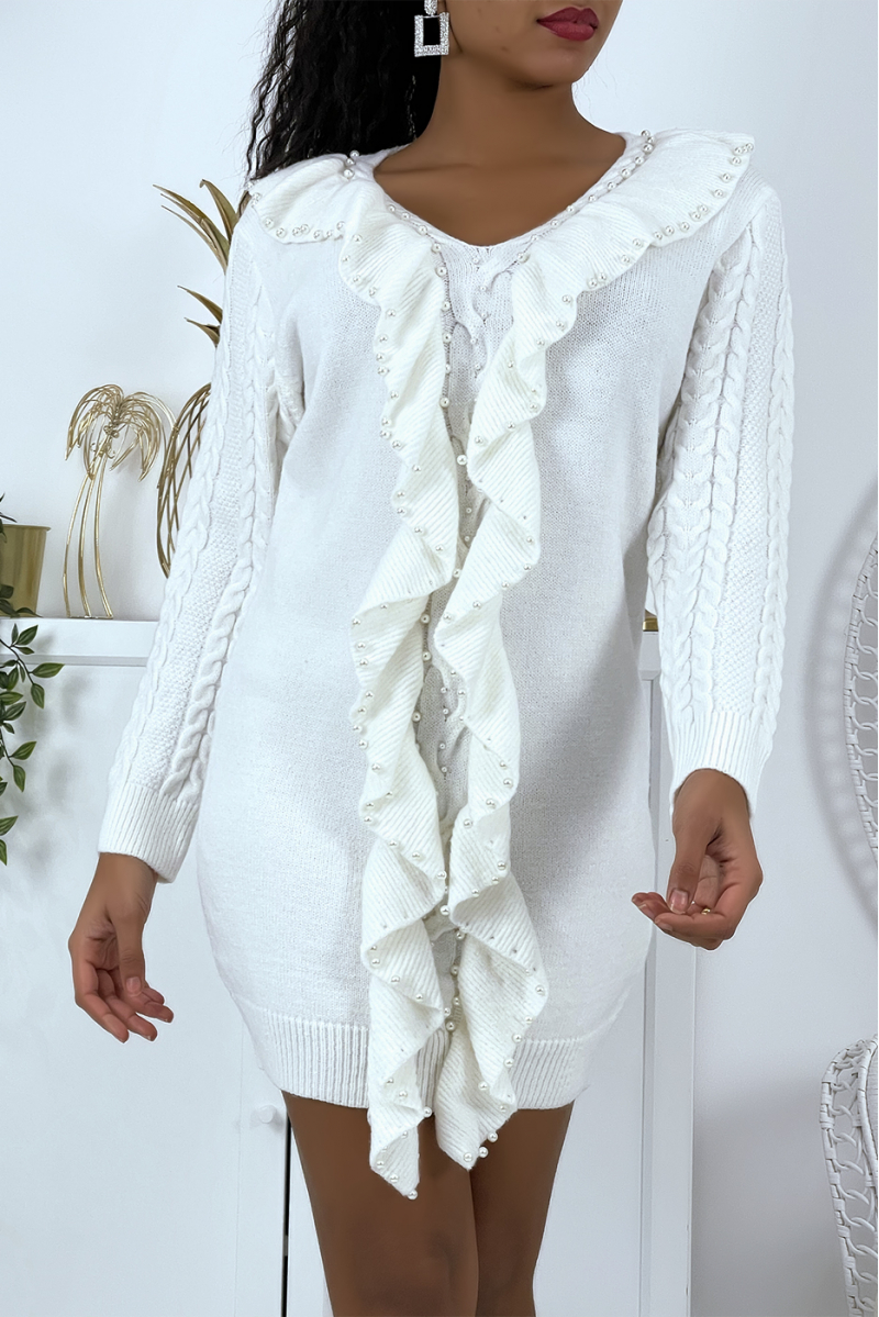Witte sweaterjurk V-hals met parels en lange mouwen in hyperchique gevlochten mesh - 2