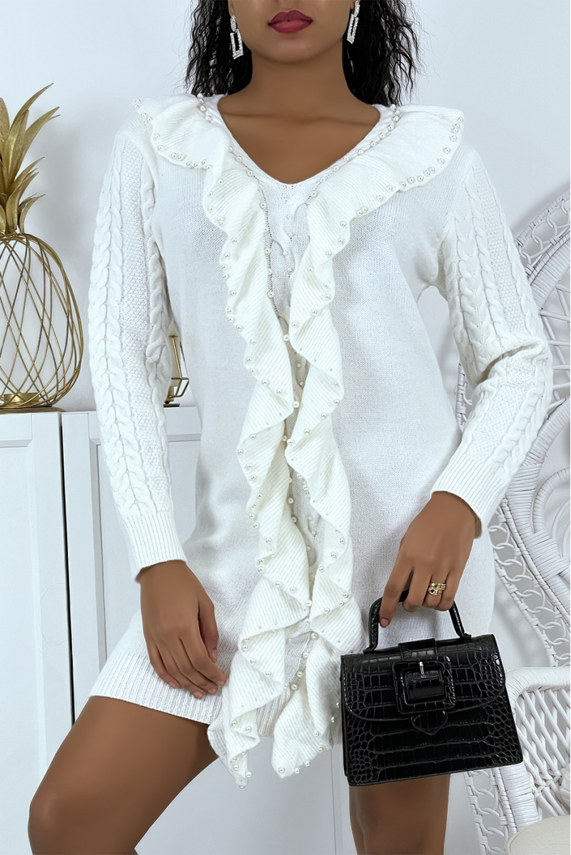 Witte sweaterjurk V-hals met parels en lange mouwen in hyperchique gevlochten mesh - 3